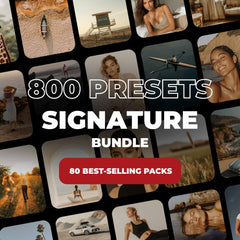 Signature Bundle by 123presets – 800 Lightroom presets across 80 best-selling packs, shown over a mosaic of edited lifestyle and travel photos